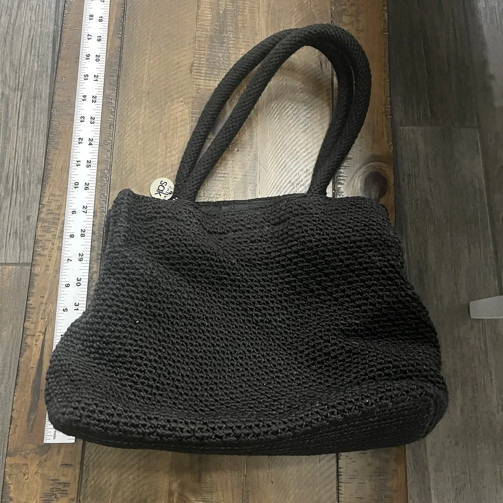 The Sak Purse‎ Hobo Crochet Woven Shoulder Bag Black Double Strap Zip Logo FOB